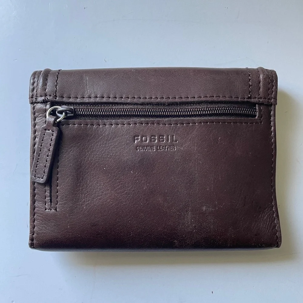 Y2K Vintage FOSSIL Brown Genuine Leather Trifold Wallet Organizer Card Slot Coin - Picture 5 of 9